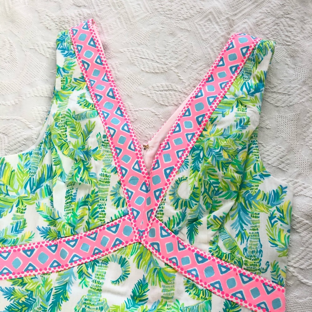 Lilly Pulitzer Sleeveless V-Neck Palm Print Sheath Dress in Green & Pink - Picture 4 of 7